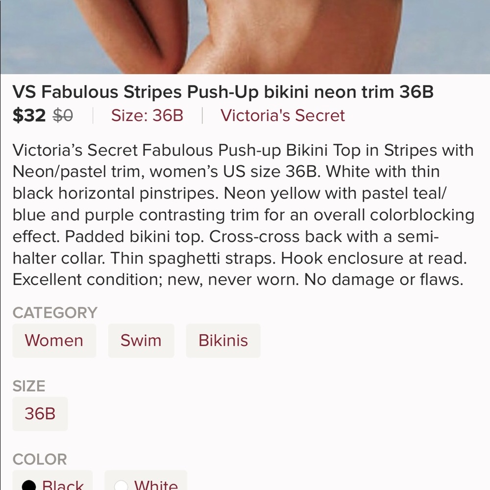 VS Pink Fabulous Stripes Push-Up Bikini Top 36B - Picture 8 of 8